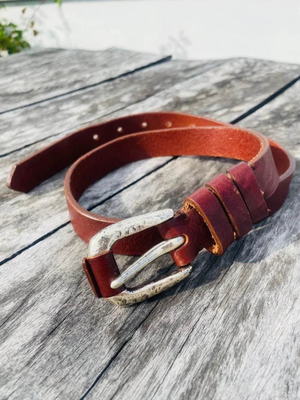 The Limited Genuine Leather Brown Narrow Dented Silver Buckle Belt Made in Italy
